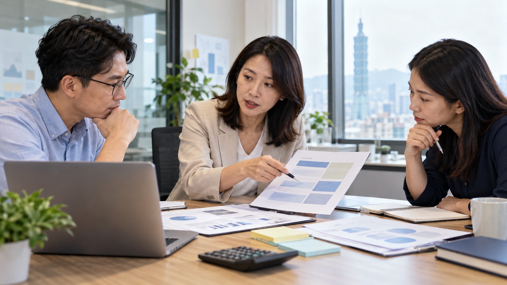台灣講師與企業窗口在會議室討論內訓需求與報價項目